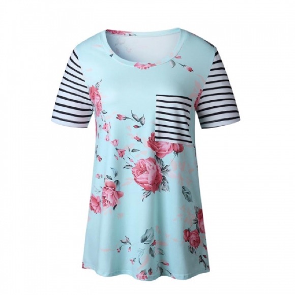 Light Blue Floral Short Sleeve T-Shirt. - Picture 2 of 4